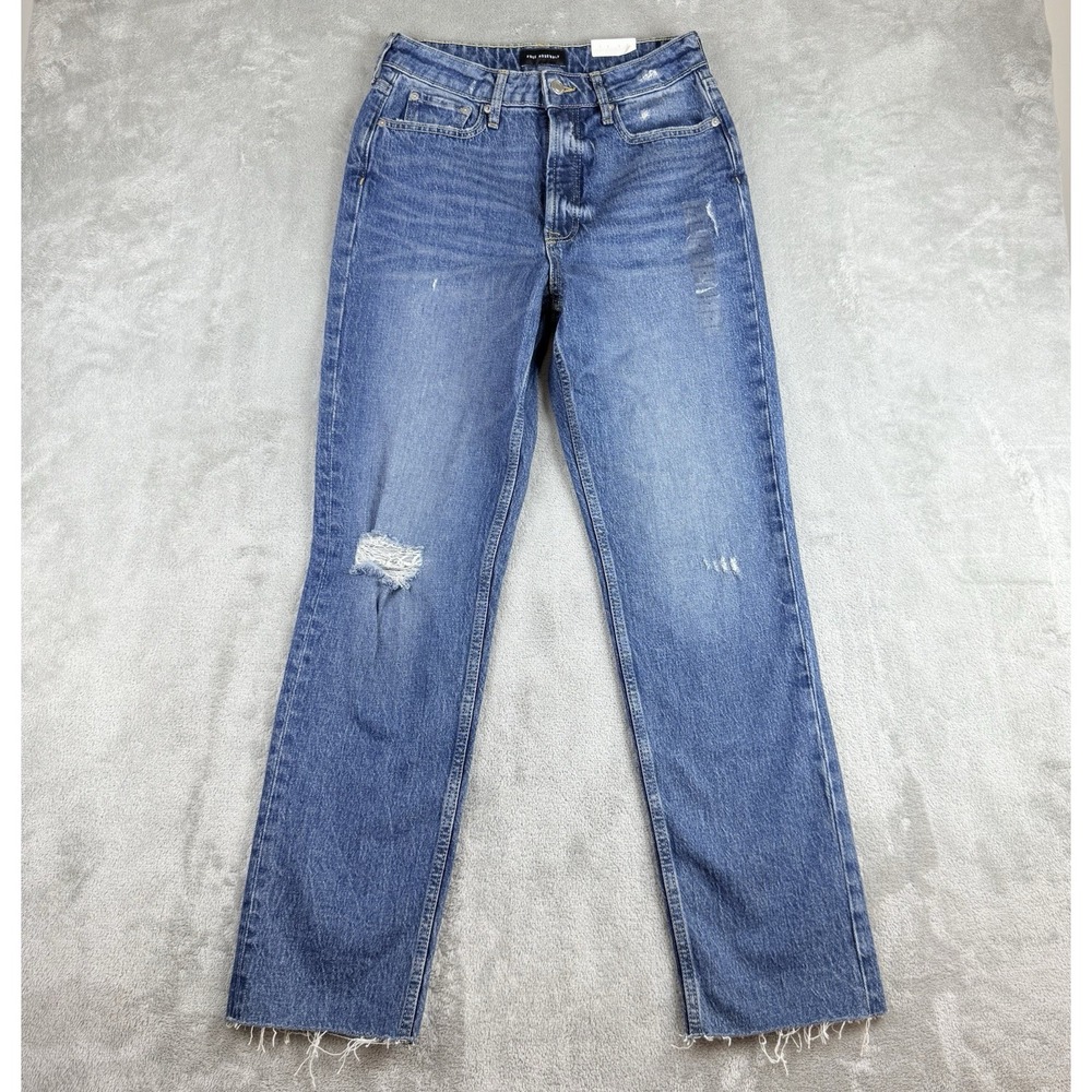 Free Assembly Jeans Womens 4 Blue Denim Super High Rise‎ Straight Distressed NEW
